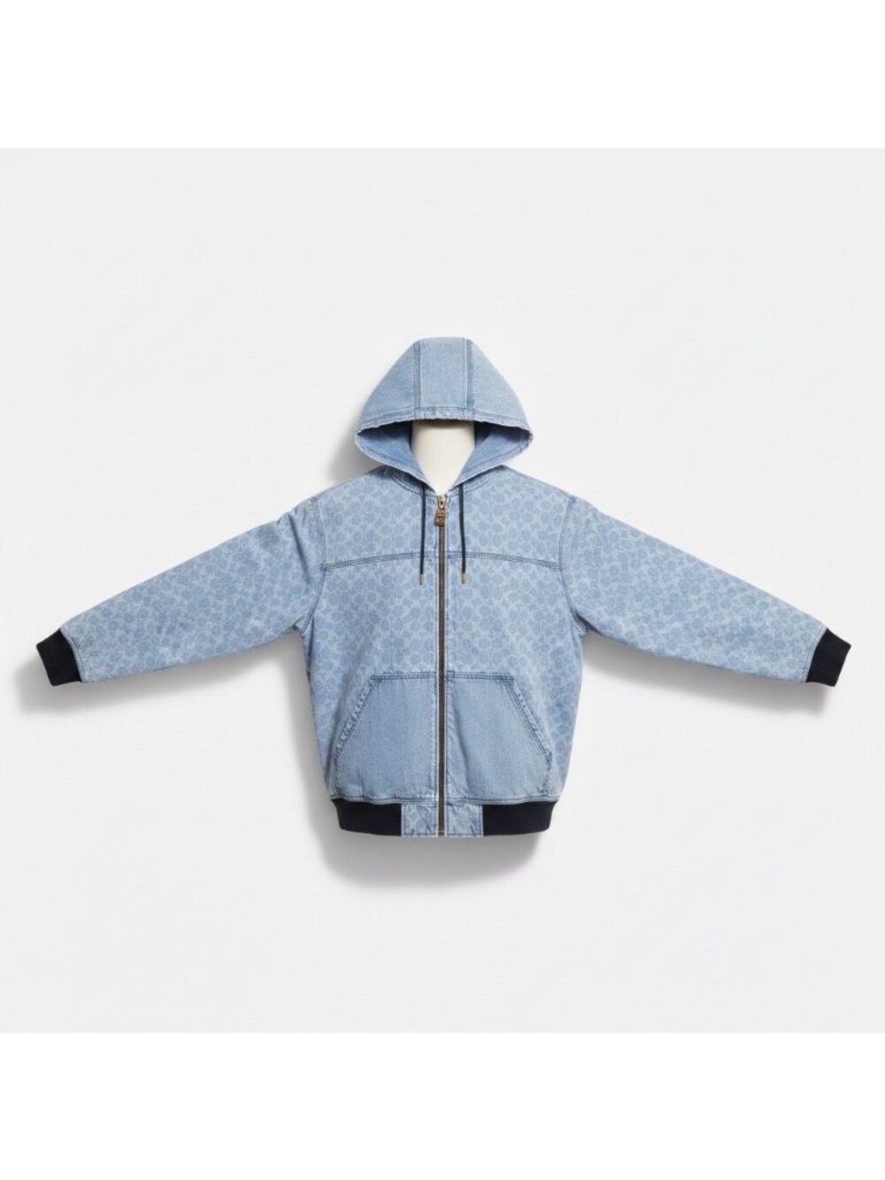 Coach Mens Blue Cotton Patterned Hooded Zip-Up Jacket Relaxed Fit Casual